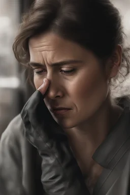 A close-up image of a woman wiping away a tear with a determined expression, realistic, photorealistic, hyperrealism, full-body