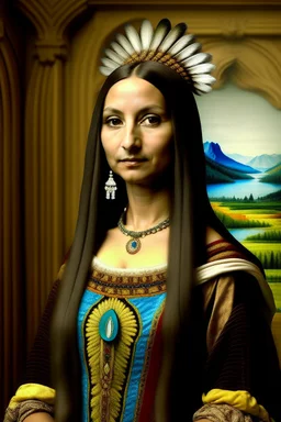 Mona Lisa wears a Pocahontas dress and a Native American feather on her head