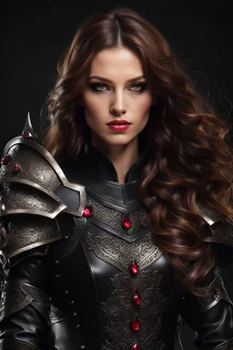 young woman with long brown hair, arrogant red eyes, wearing black leather fantasy armor, detailed, 4k resolution, hd