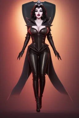 Joan Collins as evil queen in black leather, leather, busty, cleavage, angry, stern look. character design by cory loftis, fenghua zhong, ryohei hase, ismail inceoglu and ruan jia. unreal engine 5, artistic lighting, highly detailed, photorealistic, fantasy