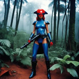 [photo by helmut newton: humid jungle forest] thin blue female alien warrior with binoculars and red rubis for eyes leather boots and agent provocateur vivid microchip armour she is supercharged with heavy weapon warfare (Retrofuturism: Where Yesterday’s Tomorrow Still Shines on the foggy battlefield) ready to kill with no inhibitions
