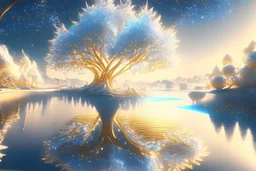 white and gold crystal cosmic and galactic ambiance sky trees river lake surreal, full of details, smooth, bright sunshine，soft light atmosphere, light effect，vaporwave colorful, concept art, smooth, extremely sharp detail, finely tuned detail, ultra high definition, 8 k, unreal engine 5, ultra sharp focus