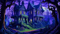 A purple haunted mansion near a graveyard with undead spirits painted by Vincent van Gogh