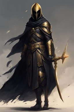 A commander with a black cloak and a long coat with long combat boots and a long spear with his Helmet is golden under his cloak like assasins