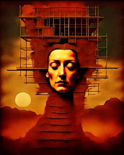 Under Reconstruction, Panfuturism style,Salvador Dali, Paul Klee,Tim Burton; highly detailed, perfect beautiful closed eyes, scaffolding in the sky, cracks, fissures, weathered ancient stone, by Catrin Welz-Stein, Van Gogh, colourful, cinematic, 4k, epic , sharp focus, smoke, sparks, ladders, branches, clouds of steam, by Greg Rutkowski, art station, hyper-realism, painting, concept art of detailed character design, mattea grid, by Jose Comas Quesada, artstation, figurative art, geometric abstra