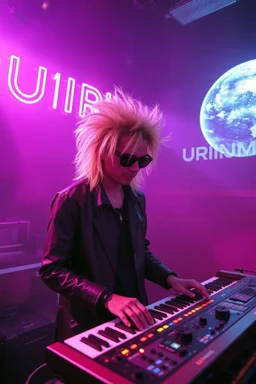 French cool synth player with crazy techno acid hair, he is called "Jean-Maurice Brûlée" performing at dance club, his name is "Jean-Maurice Brûlée" , white and purple Neon lights and purple smog, and "URINIUM" big sign on the wall, he is playing on synthesizers on stage with lot of laser beams and wearing black sunglasses, an earth is projected in background