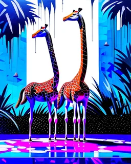 three giraffe-headed flamingos with giraffe neck and head and giraffe pattern standing in a Florida garden at a pool, acrylic and oil, minimalist, cinematic, dramatic, (glitch deconstruction:1.7), centered,, amazing verticals, excellent parallels