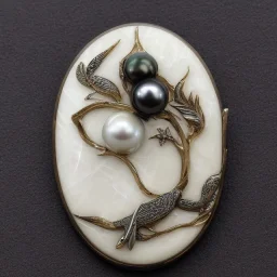 postcard of kingfisher ivory brooch with black pearl inlay, opalescent marble carving, decorative design, classical ornament, highly ornate, highly intricate, highly detailed etching, marble carving, warm lighting, linen backdrop