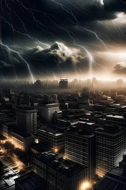 crear una imagen de una ciudad en una tormenta con el estilo de Masakazu Katsura