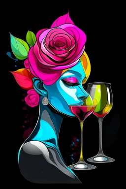 Acrtoon 2d art illustration . Colourful rosé wears a black glass