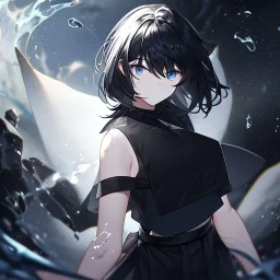 Clear focus,High resolution, black short fluffy hair, long fluffy bangs, and dark blue eyes, Depressed girl, wearing a black short shirt with a black sleeveless crop top, dark aura, controlling water, in a black room