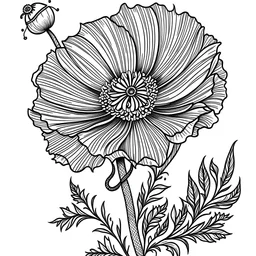 minimalis line art neo-traditional style Poppy tatto simetris black and white outline only