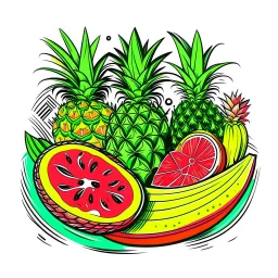 A tropical fruit platter with pineapple and watermelon slices, vibrant, refreshing, overhead lighting, T-shirt design graphic, vector, contour, white background