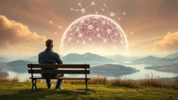 a figure sits with his back to the camera on a beautiful bench in a beautiful landscape and overlooking the water of the nearby lake, calm, harmonious atmosphere, muted, not too colorful colors, Whimsical style and big neuron network in giant dome background on sky, surreal stunning vibe
