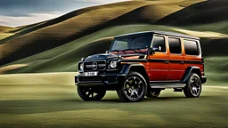 A sleek (((Dodge G Wagon))) with a majesticly curved rear, cutting through a (sunny, open countryside) backdrop