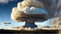 Siberia scenery,taiga forest, consisting of tall trees and dense vegetation, a mushroom-shaped cloud rises into the sky. The cloud is depicted as a massive column of smoke, dust, and debris, ascending vertically and spreading out at the top, forming a distinctive mushroom-like shape, high resolution photo 24K, high quality, ultraHD, cinematic lighting,