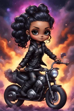 Create a galaxy art illustration of a chibi cartoon full figure black female riding a sports motorcycle. She is wearing tie dye and black tights with biker boots. Prominent make up with log lashes and hazel eyes. Extremely highly detailed black shiny wavy hair up in a messy bun. Background of smoke surrounding her and the bike and she's at a bike show.