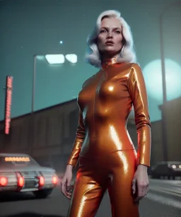 retro sci-fi portrait image from 1980, supermarket parking explosions, fire, scared people, blonde woman walking, sweet Kate moss face, tight latex suit, soft color, highly detailed, unreal engine 5, ray tracing, RTX, lumen lighting, ultra detail, volumetric lighting, 3d, finely drawn, high definition, high resolution.