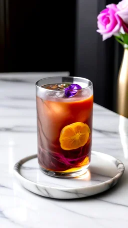 A modern twist on iced tea, with a sleek glass filled with sparkling tea infused with hints of lavender and rose, served on a marble countertop.