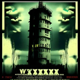 Profound modern movie poster, hyperreal quality, "CREEPING WAVES" double exposure gritty Horror movie poster about radio station tower WXXT 87.9 broadcasting blaspehies and abominations across a small town haunted by ghostly New England shakers, by "MATTHEW BARTLETT", Dramatic, creepy, deep colors, oddball masterpiece, sfumato, complex contrast, dynamic composition, grand design