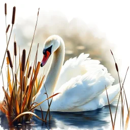 6,majestic swan with fluffed wings hiding within reeds and bull-rushes, their feathers shimmering with an ethereal glow, gazing intently into the distance. The surrounding mirror pond is bathed in soft sunlight, casting long shadows. PAINTING WITH WHITE SPACE, Carne Griffiths, WLOP, fine-tuned stylised watercolour encircled by splashy white space photorealistic ChatGPT.