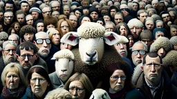 large crowd of people all with sheep heads