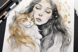 long haired woman with cat, white watercolor and black ink, golden glitters