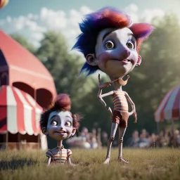 Ultra realistic circus scene. Sweet hair monster jumping and Child’s, smooth color, waist up view, Wes Anderson style, dark ambient, highly detailed, concept art, unreal engine 5, god rays, ray tracing, RTX, lumen lighting, ultra detail, volumetric lighting, 3d, finely drawn, high definition, high resolution.