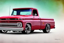 a true-to-life 1965 chevrolet c10, classic wheels, two-tone paintwork, centered, intricate, extreme detailed, photorealism, center view, stylized random background, pivot on chevrolet, pen and color marker painting by cheryl kelley