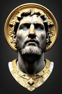 Ultra Realistic image, Roman sculpture, white marble material, Lionel Messi, gold Laurel leaves wreath, renaissance ornaments, one gold star in heart, sun ornament, sun rays background, chisel style, waist up portrait, emperor style, epic, celestial, cinematic lighting, God light, god rays, 4k resolution, smooth details, ornate details, soft lighting, unreal engine 5, art station, substance 3d.