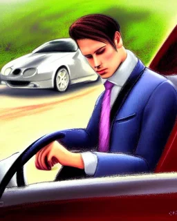 Man in suit, sitting at the wheel of his car, looking exhausted, tie untied, chin thinning , mystical, fantasy, romanticism, pastel colors, acrylic painting, detailed, soft focus,