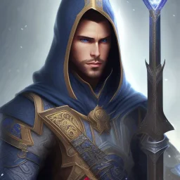 handsome hooded male mage with dark blue mage outfit with floral and botanical details, sharp eyes, mixed gemstones, magic, intricate, high details