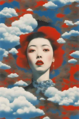 cloud in blue sky, a red lip, collage art, shuji terayama, dreamy objects, surreal, criterion collection, showa era, intricate details, mirror