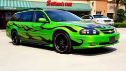 suped up 2004 chevy impala stationwagon green with black flames outlined with a thin red pinstripe, in front of Sam's club, SuperSport car, impressive, VIP, award winning, detailed