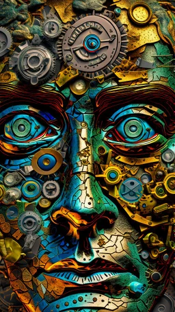 Bosch style painting , A balled face in details . The texture of the face is a collage of many 3D golden metallic clock gears and screws covering the whole face and the eyes are covered by caves figures
