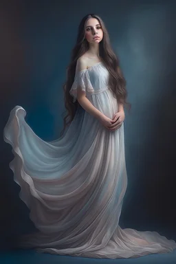 ethereal, ethereal dress, goddess, beautiful woman, dreamy, long wavy hair, big eyes, sophisticated,, hyper realistic, hyperrealism, photoreal, realistic, photorealistic, soft pastels, full-body, standing, long shot, wide angle