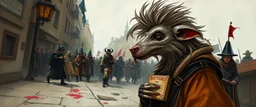 portrait of a hairy rock star wererat, fantasy art, style of Rembrandt,Dead drop discovery: While walking, a party member stumbles upon a small, blood-stained package hidden in a gutter. It contains a coded message to a cult of the Dead Three. 9-10 Parade of the Patriars: A noble's procession blocks the street with bone clubs. The crowd is forced to bow, and guards roughly shove anyone who doesn't move quickly enough.