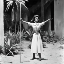(1960’s stop-motion animation style of las reinas del combate en el suelo in Mexico) She is tied to a stake, her hands above her head, in the governor's villa