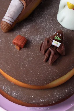 sponge cake filled with chocolate topped with a marzipan Jedi holding a lightsaber