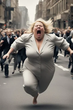 an obese terrified blonde woman crying and sobbing in a pant suit desperately running away from an angry mob of thousands of people chasing her down a city street while she is flailing her arms for dear life