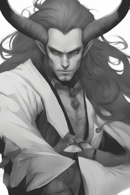 A dnd character portrait, a tiefling man with long hair and long black horns, white eyes.