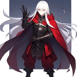 Vampire knight, young man, long white hair, black full plate armor, red cape