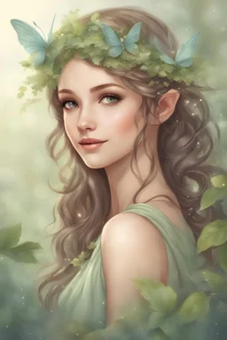 Magical forest fairy; serene face; sweet smile ; attractive image for book front cover