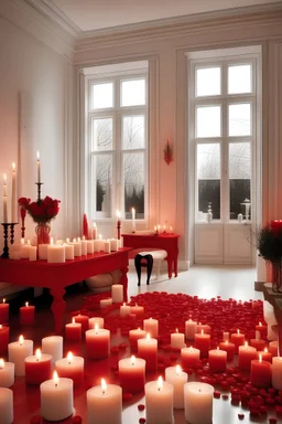 A white Valentine's Day room full of red candles