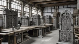 A gray factory with a printing press designed in Maori sculptures painted by the Limbourg brothers