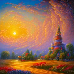 a painting of a city with a lot of clouds and trees, colorful swirly ripples of magic, jason engle, style of alex grey, painting of a sand landscape, award - winning painting, red-yellow colors, orange and blue colors, connectedness, inspired by Thomas Hart Benton, anthropology of wonder, tuscany hills, twisting vapour