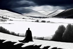 in the distance side a wiev a figure in dark clothes and long black leather coat lies on his back in the snow and looks the sky in a winter landscape, alone, white snow, high contrast, cold, winter, mountains, white, blue, gray and black colors, cinematic, atmospheric, dark, gloomy, best shot