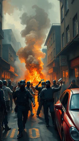 Bosh painting style nightmare, A riot broke up in the streets , masked people are fighting with police . Smoke and fires in the store and burning cars