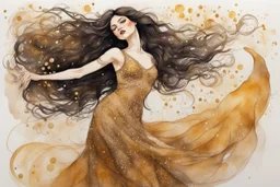 Dynamically dancing long haired brunette woman, in Klimt style, in ochre, watercolor and ink, golden glitters