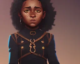 Portrait of a 9 year old cute black kid witch with busy dark curly hair by Nick Harris